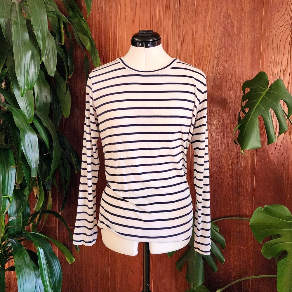 Amour Vert Navy Striped Nautical Staple Tee Long Sleeve Medium